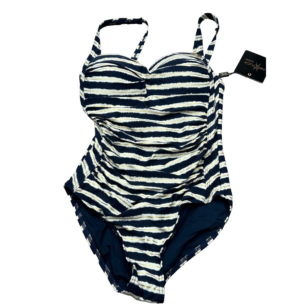 Nip Tuck‎ Womens Joanne Navy Gold Striped One Piece Swimsuit Beach Size 4 NWT